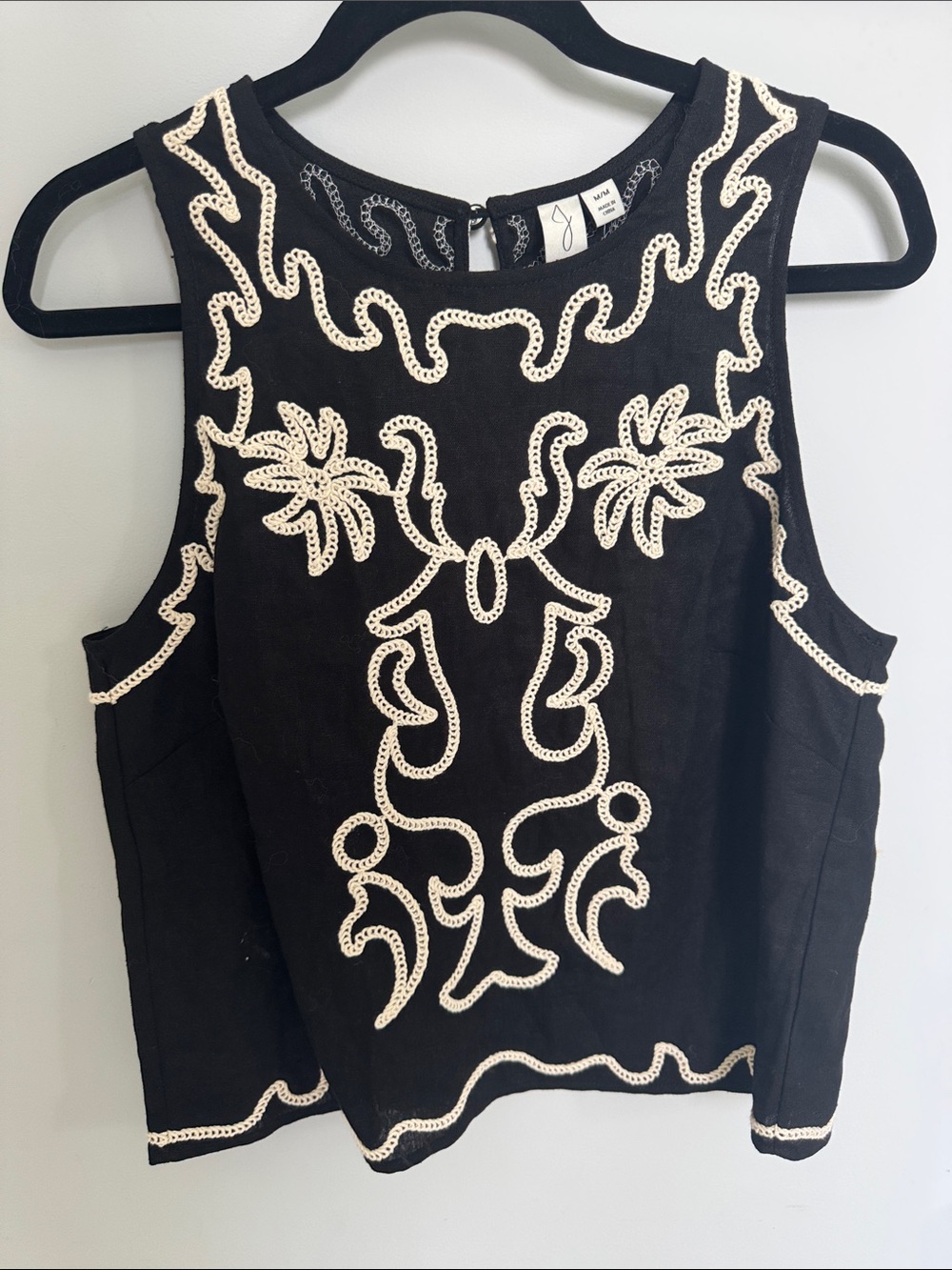 Black Sleeveless Linen Embroidered Tank Top by Jole